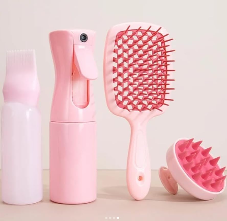 4'ü 1 Arada Saç Bakım Seti, Sprey Şişesi, Yağ Uygulama Şişesi, Masaj Tarağı ve Saç Açıcı Tarak, Pembe