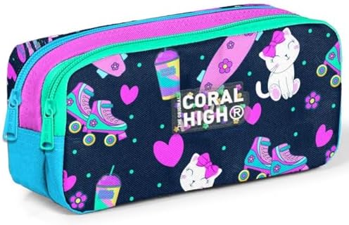 Lacivert Pembe Kedili İki Bölmeli Kalem Çantası - Kız Çocuk