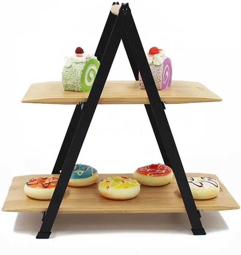 2 Katlı Dikdörtgen Bambu Servis Sunum Seti Büyük Boy, Kuru Pasta, Kurabiye ve Kek Sunumları İçin Büyük Boy (34cm-26.5cm-16cm)
