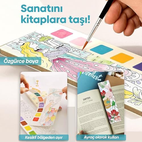 Renk Paletli Sulu Boya Kitabı + Fırça, 12 Sayfa Boyama Kitabı, Aktivite Boyama Seti, Çocuklar için Yeni Nesil Sulu Boya Defteri (Deniz Kızı Maceraları)
