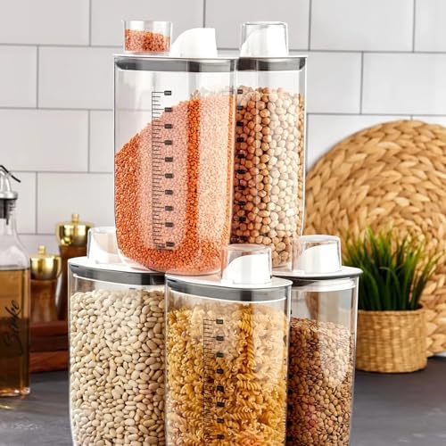 6'lı Vakumlu Hava Geçirmez Ölçekli Beyaz Saklama Kabı Seti - 2000 ml Ölçü Kapaklı Bakliyat Kabı Seti