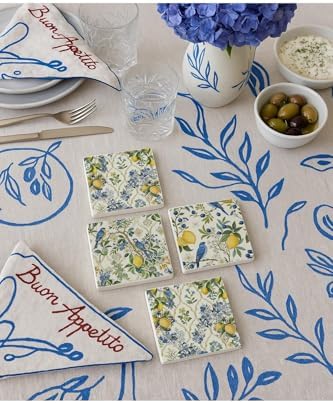 Limon ve Kuş Desenli Doğal Taş Bardak Altlığı 4’lü Set, Yazlık Sunum Ürünü