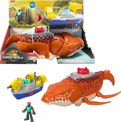 Imaginext World Rebirth Dev Ağızlı Mosasaurus, 45,5 cm'lik dinozor oyuncağı, 7,5 cm'lik aksiyon figürü, fırlatıcılı tekne ve 2 cephane, JFR23