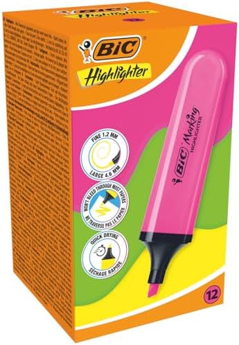 Marking Flat Higlighter Fosforlu Kalem 12'li Kutu, Pembe Fosforlu Kalem, Su Bazlı, Hızlı Kuruyan Mürekkep