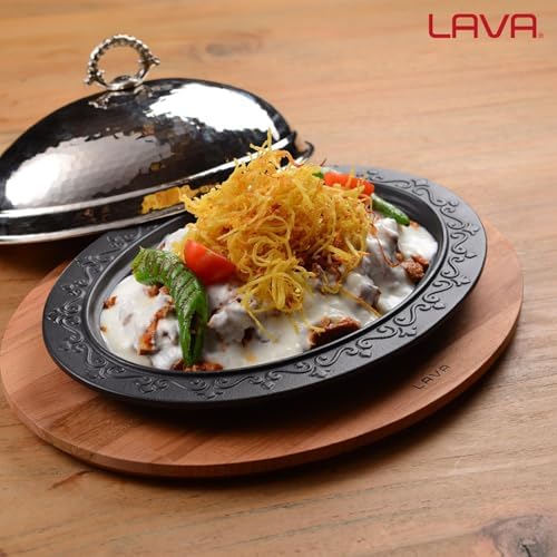 Lava, Oval Servis Tepsisi, Dökme Demirden, Kapaklı ve Ahşap Kaplamalı, 32 x 23 cm