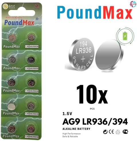 10x AG9 (LR45, LR936, 394) 1.5V - Poundmax alkalin düğme piller | 1x 10'lu paket
