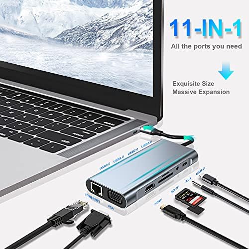 USB C HUB, Yerleştirme İstasyonu, 11'i 1 arada USB C Adaptörü, 4K HDMI, VGA, USB 3.0 Bağlantı Noktaları, C Tipi PD, Gigablit Ethernet, SD/TF Kartları, 3,5 mm AUX,  Pro/Air ile Uyumlu, Daha Fazla C Tipi Cihazlar