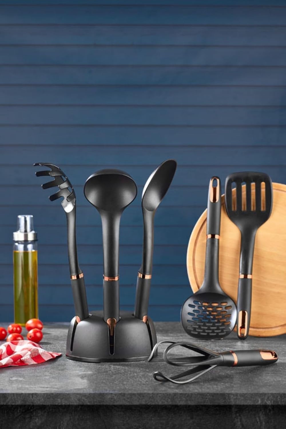 6 Parça Lüks Servis Seti Standlı, Mat Siyah, Mat Siyah