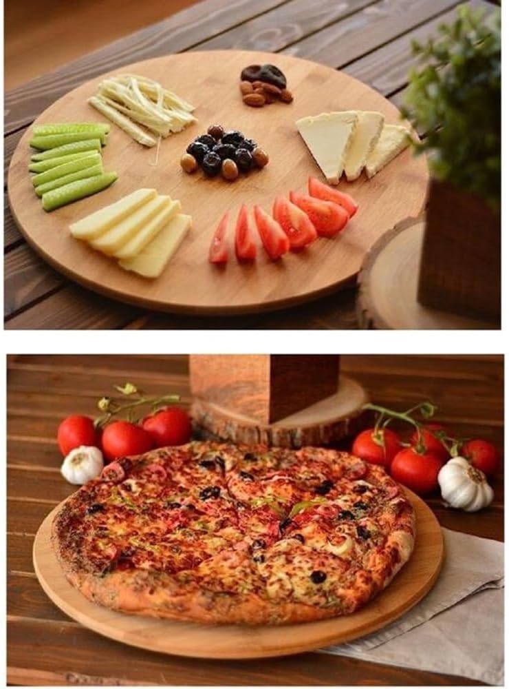 36cm Dönerli Bambu Yuvarlak Pizza ve Sunum Tepsisi, 360 Derece Dönebilen Kahvaltı Sunum, Pizza Sunum ve Börek Sunum Tepsisi