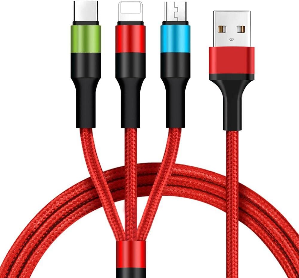3 in 1 Hızlı Şarj Kablosu, Örgülü 1.2m Kırmızı, Lightning, Type-C, Micro USB, 3A Güçlü Dayanıklı Kablo, iOS ve Uyumlu