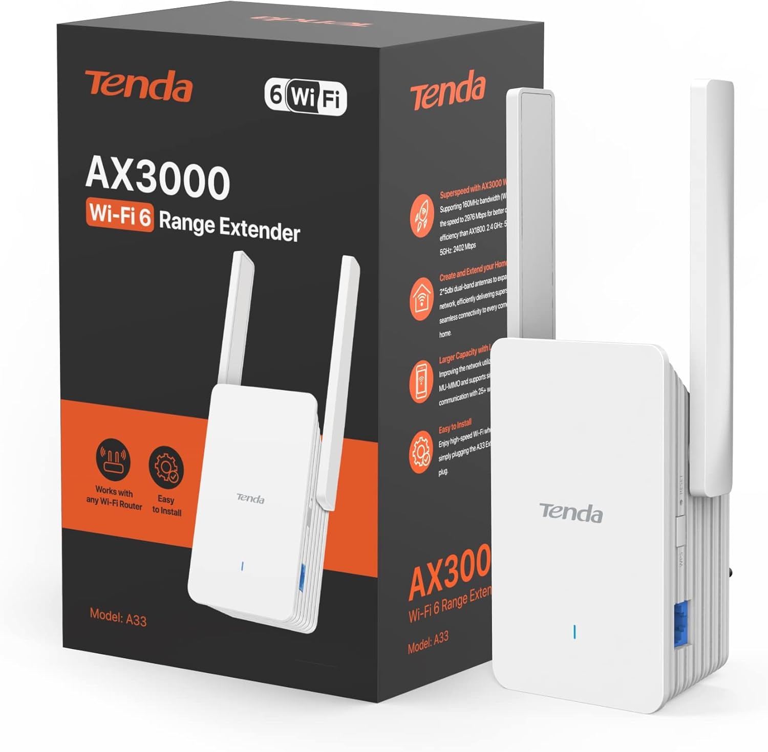 AX3000 Wi-Fi 6 Tekrarlayıcı, WiFi Sinyal Güçlendirici, 2.4GHz/5GHz Çift Bant, Yönlendiricilerle Uyumlu Wi-Fi Genişletici, Ap Modu, WPS Düğmesi, Akıllı LED Sinyali (A33), Beyaz