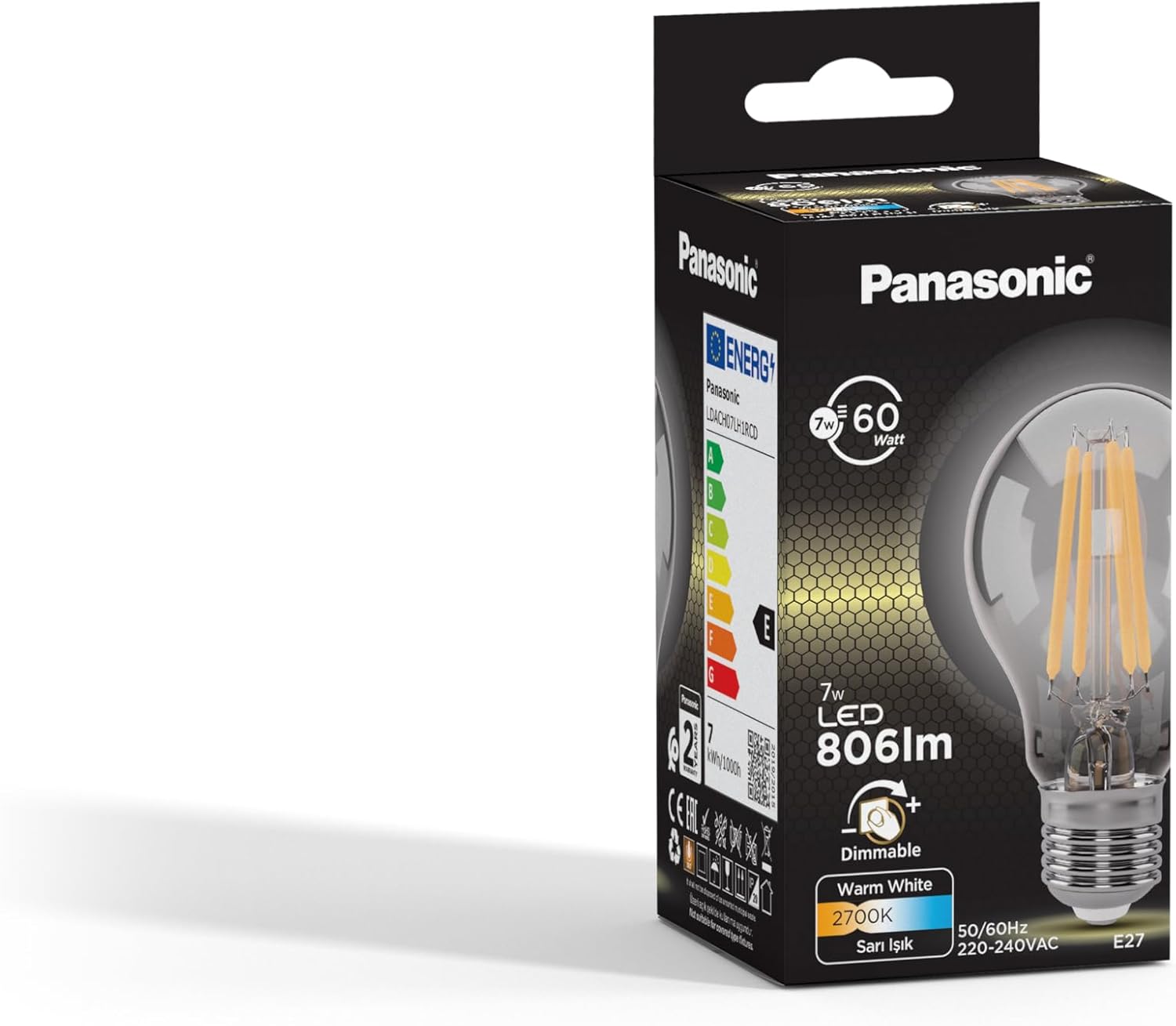 E27 Dim Edilebilir Filaman Lamba 7W 806LM 2700K Clear