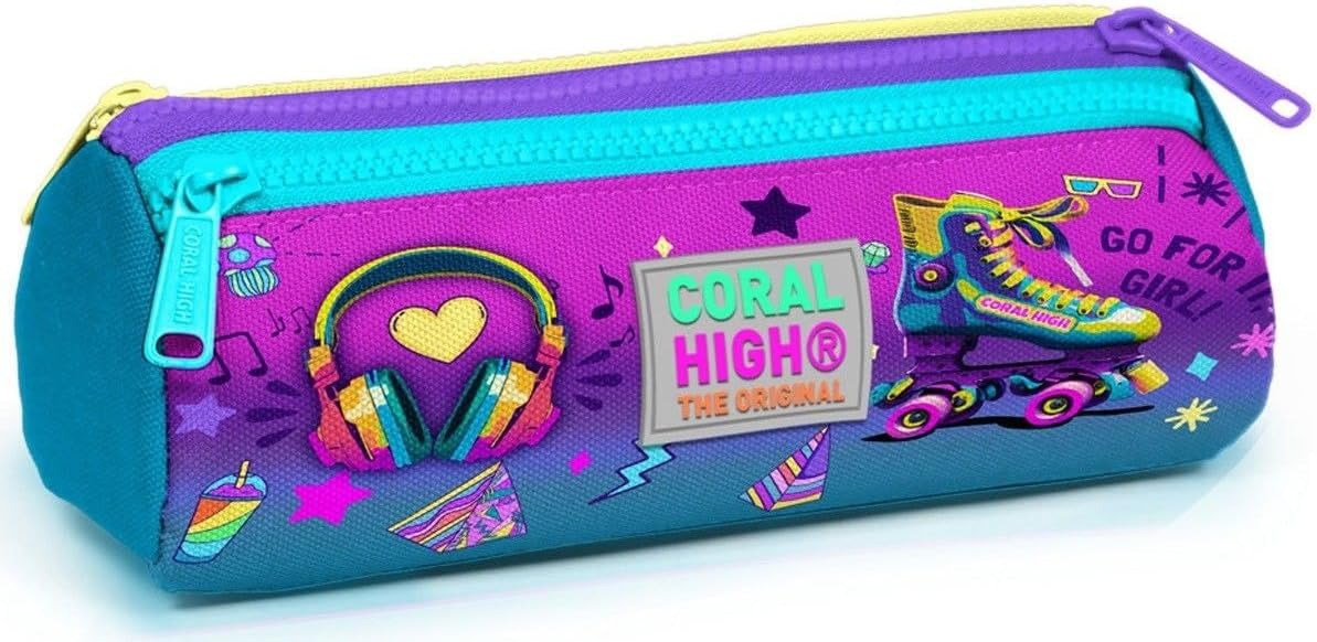 Pembe Turkuaz Kulaklık Paten Üç Bölmeli Kalem Çantası - Kız Çocuk