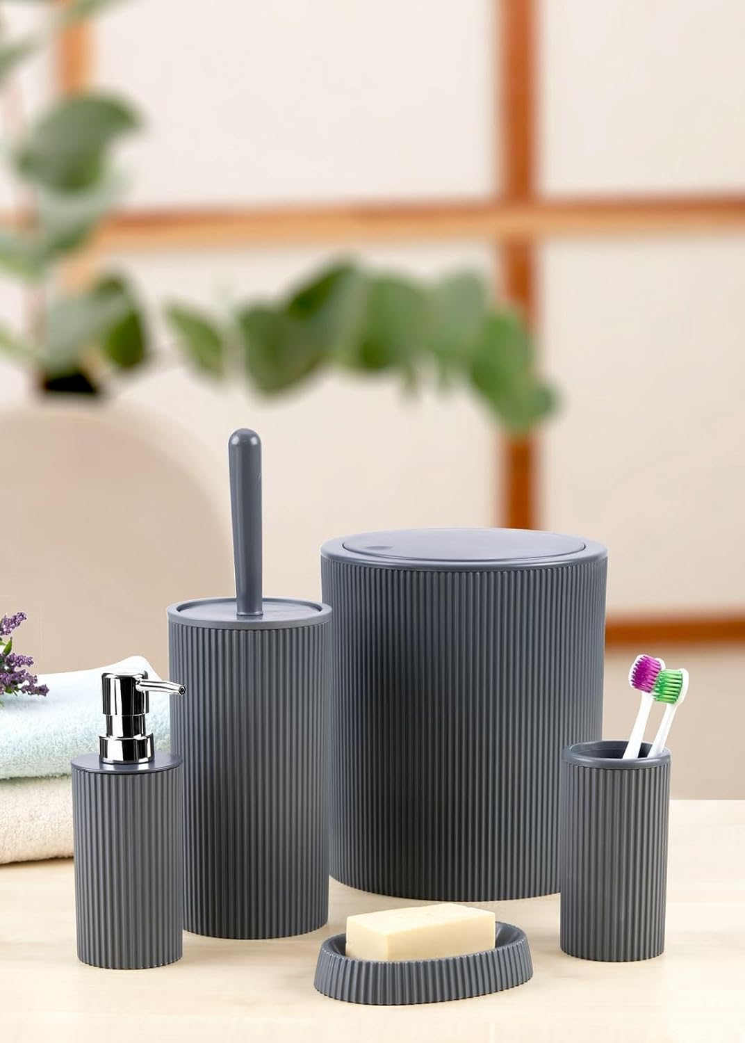 5 Parça Lüx Plastik Banyo Seti 7 Litre Dokunmatik Çöp Kovalı, Antibakteriyel Fırça (GRİ)