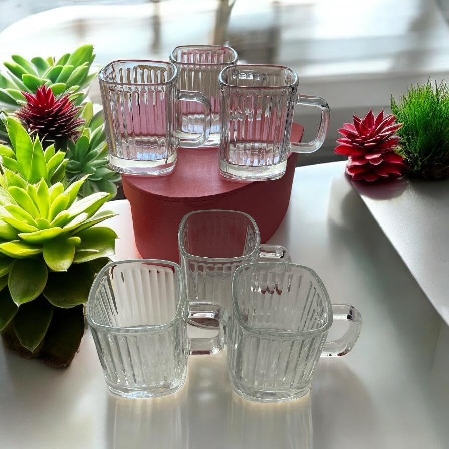 6 Ad. Köşeli Cam Kupa Bardak Çizgili Çok Şık Model