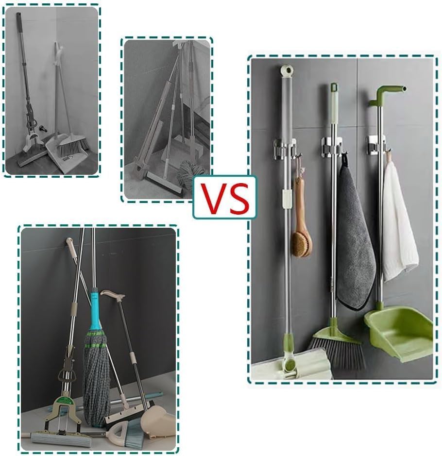 Yapışkanlı Paslanmaz Çelik Süpürge ve Paspas Tutucu 304 Kalite Çelik Mop Tutucu, Delme Gerektirmez, Duvar Tipi Organizer Askı Kancası, Kaymaz Silikon Tutuş, Banyo, Mutfak, Bahçe, Garaj için