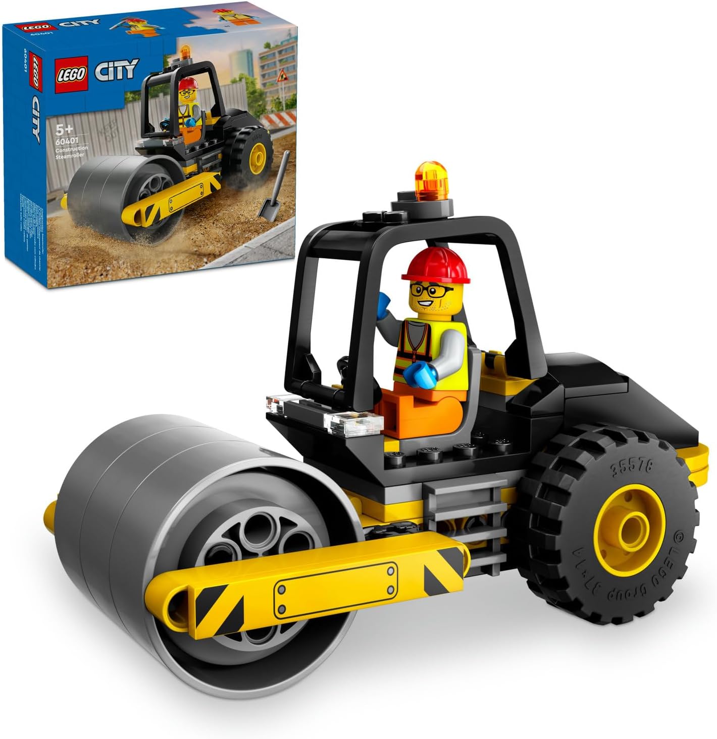 City Yol Silindiri 60401 – 5 Yaş ve Üzeri Kız ve Erkek Çocuklar için Doğum Günü Hediyesi Fikri, Kürekli ve Baretli İnşaat İşçisi Minifigürü İçeren Yaratıcı Oyuncak Yapım Seti (78 Parça)