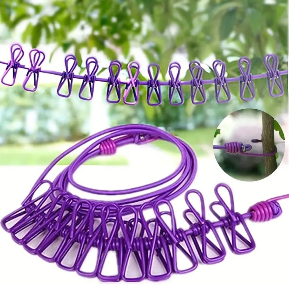 Taşınabilir Seyahat Çamaşır İpi 12 Mandallı Klipsli Lastikli Çamaşır Mandalları