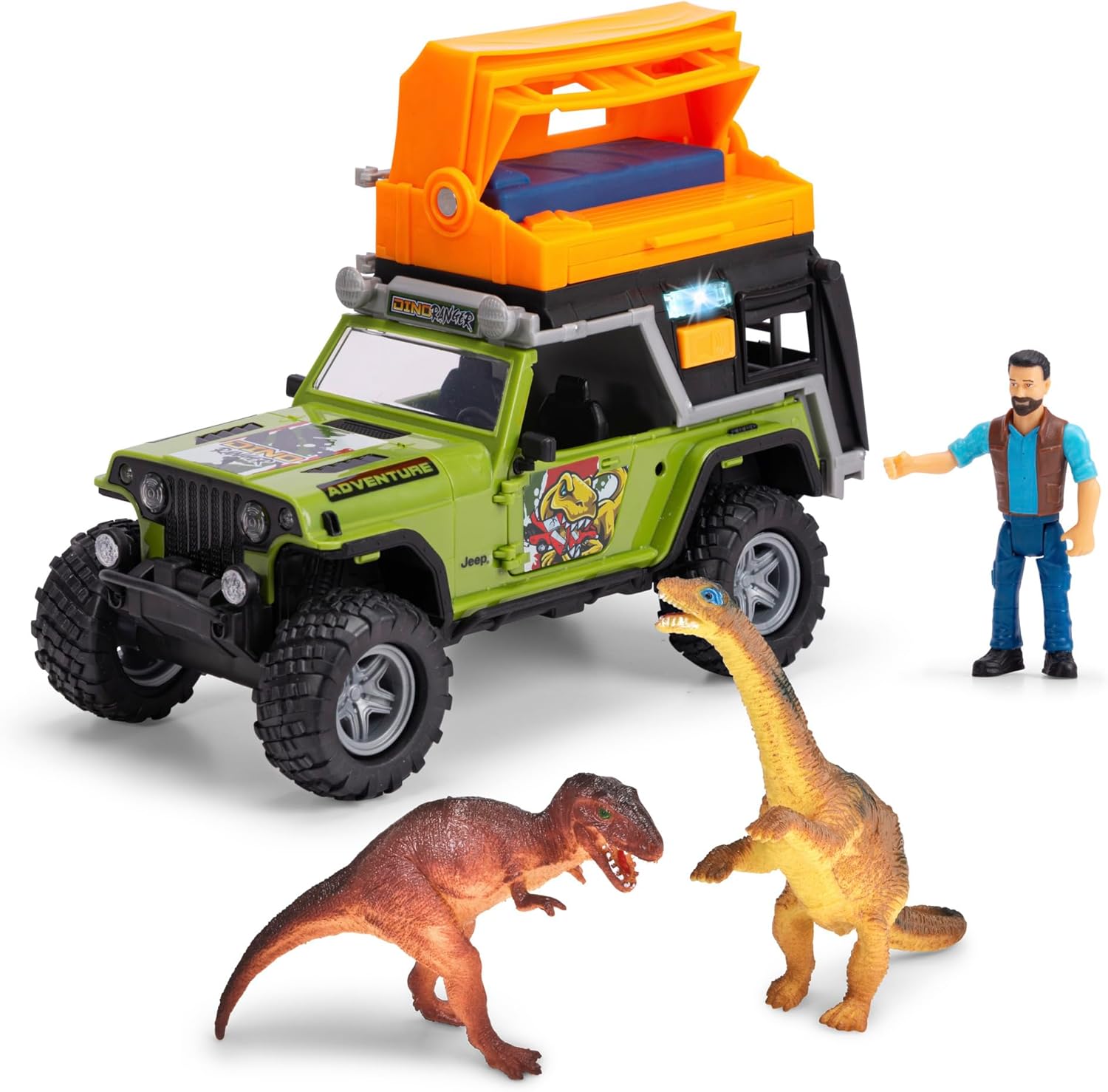 Dickie, 203834011, Dino Camper, Serbest Tekerlekli Jeep, Işıklı, Sesli, Açılır Kapılar, Yumuşak Lastikler, Merdivenli Kamp Tavanı, Figür, 2 Dinozor, 23 Cm