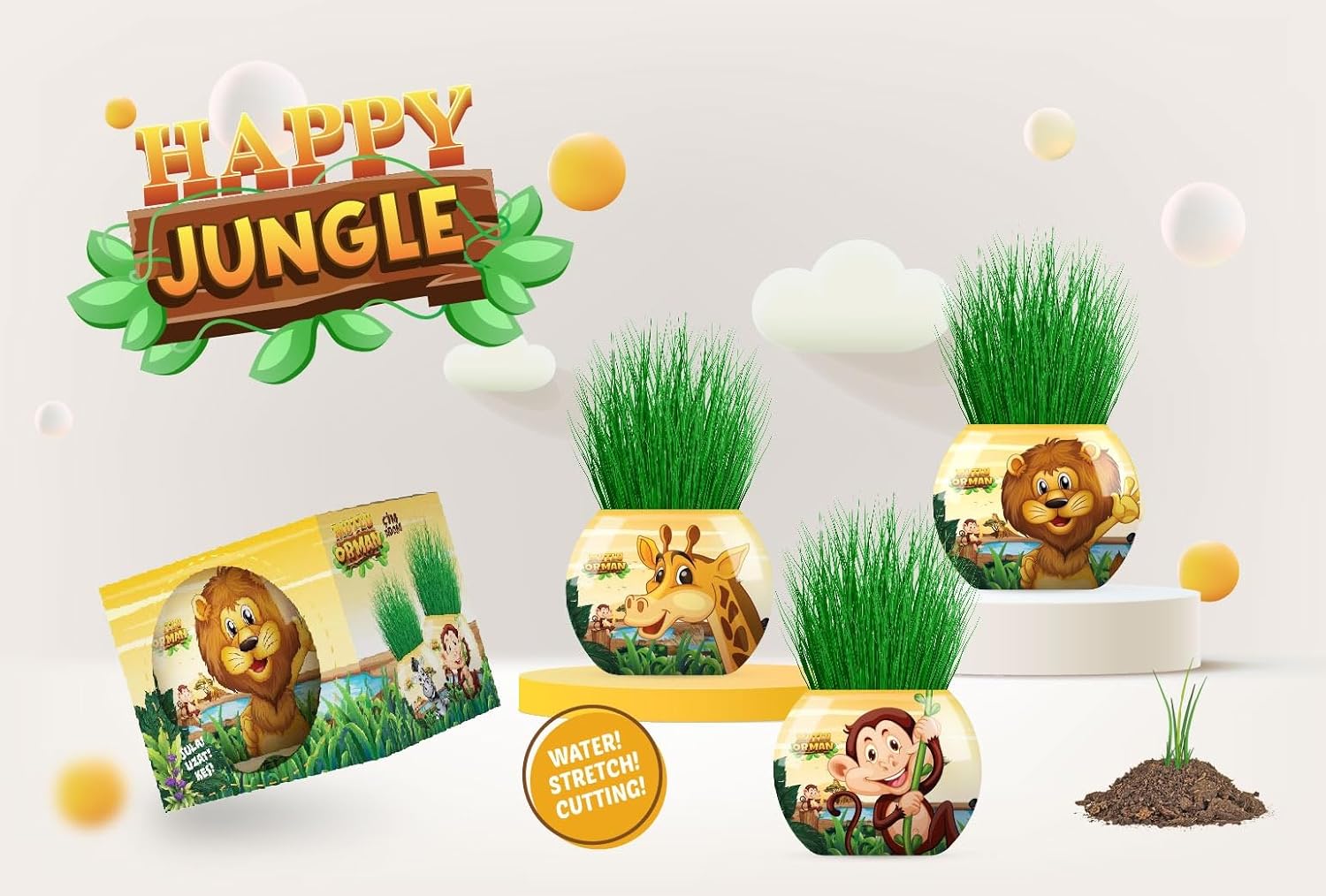 Mutlu Orman Temalı XL Çim Adam 6'lı Set – Çocuklar İçin Eğitici ve Eğlenceli Bitki Yetiştirme Kiti