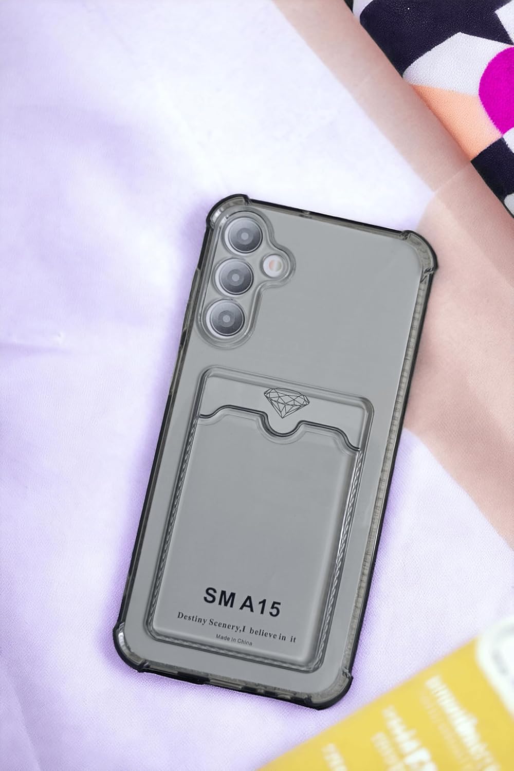 Galaxy A15 Kılıf Kartlıklı Köşe Koruma Tasarımlı Renkli Şeffaf K-Kart Kılıf (Siyah)