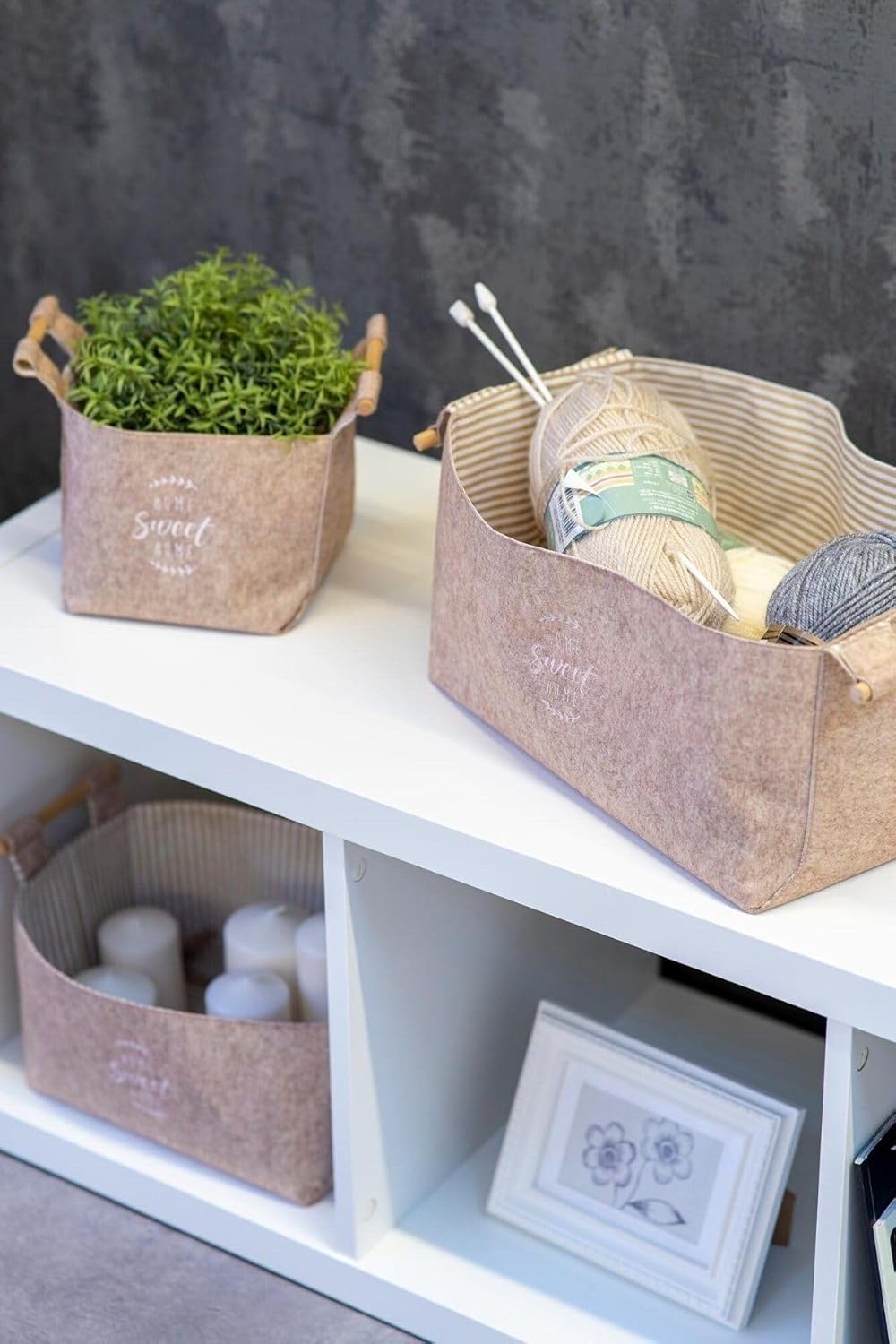 Buti Keçe Tahta Saplı Düzeleyici Sepet - Çok Amaçlı Saklama Organizer Kutu Maxi Kahverengi 25x18x15cm -