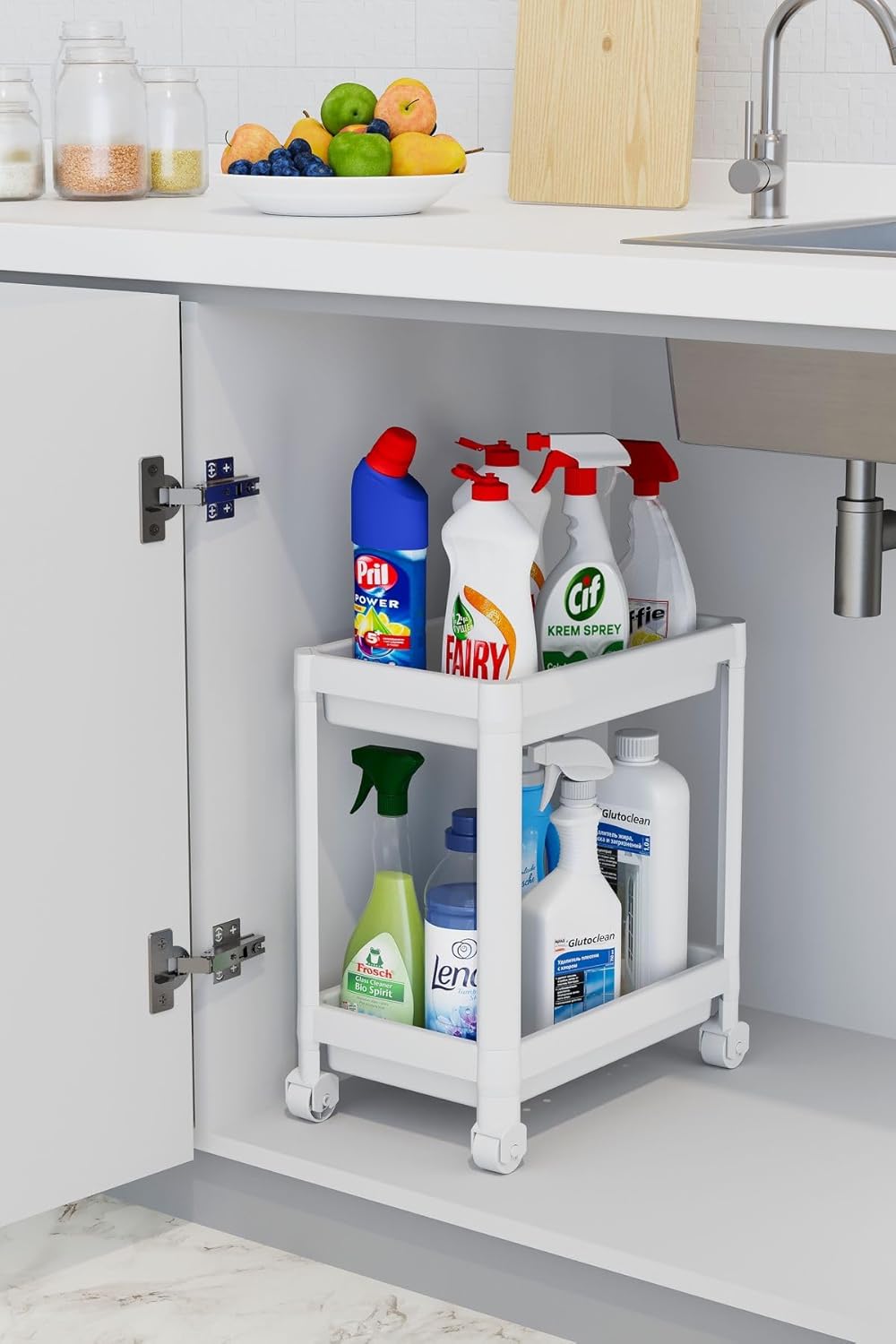 MiniHome 2 Katlı Tekerlekli Düzenleyici Raf, Banyo Dolabı, Mutfak Tezgah ve Evye Altı