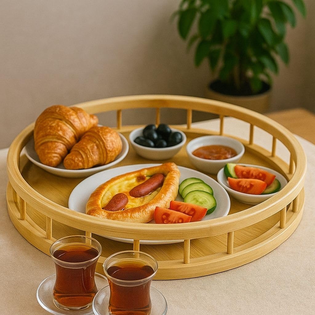 Premium Bambu Serisi 35 cm Çitli Yuvarlak Tepsi