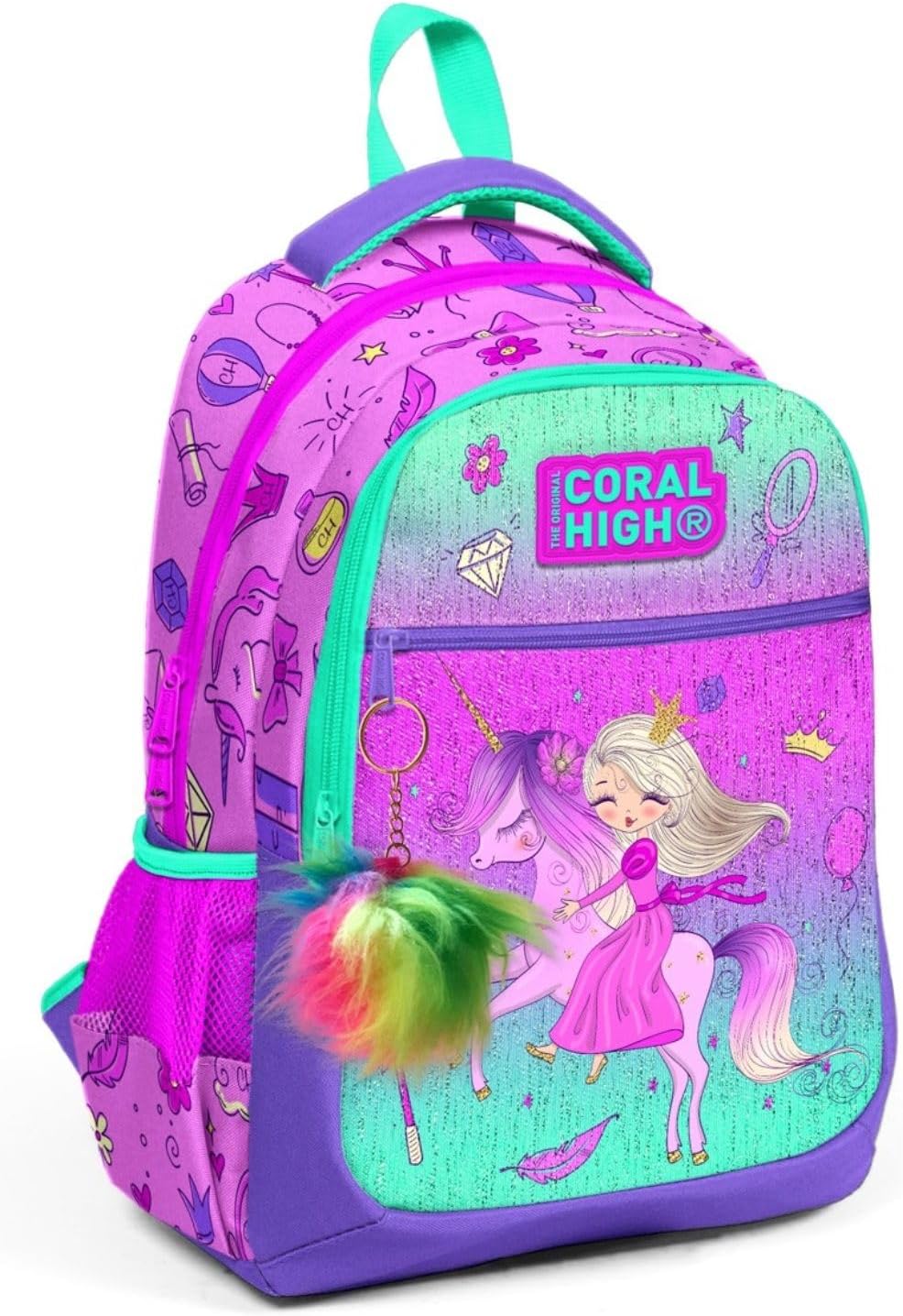 Üç Gözlü Kız Çocuk İlk ve Orta Okul Çantası - Pembe Yeşil ve Prenses