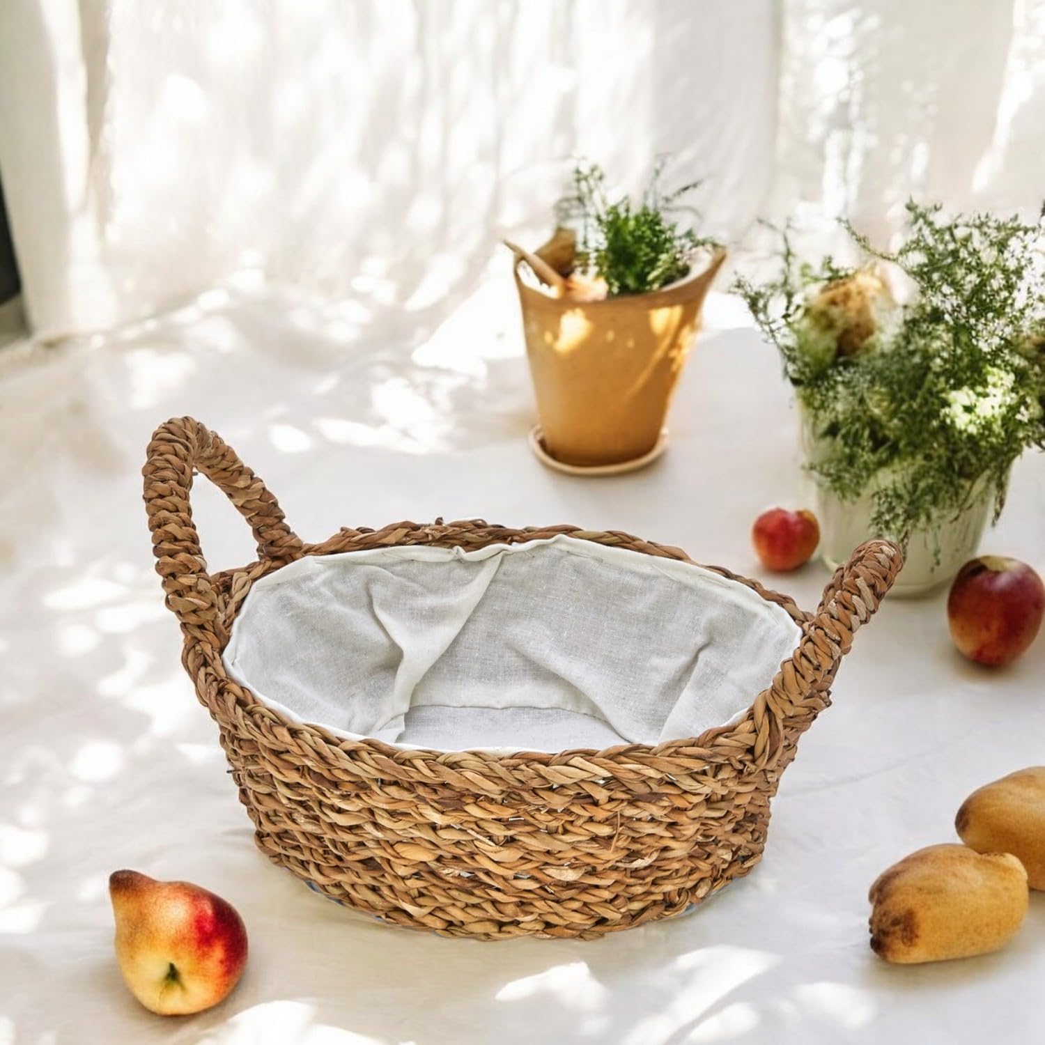El Yapımı Doğal Hasır Kulplu Çok Amaçlı Dekoratif Yuvarlak Sepet, Hasır Kulplu Ekmek Sepeti (27x8cm)