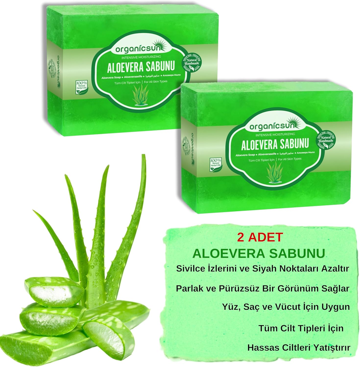 Doğal Aloe Vera Sabunu 140 Gr x 2 Adet Tüm Cilt Tipleri İçin Yatıştırıcı ve Canlandırıcı Etkili
