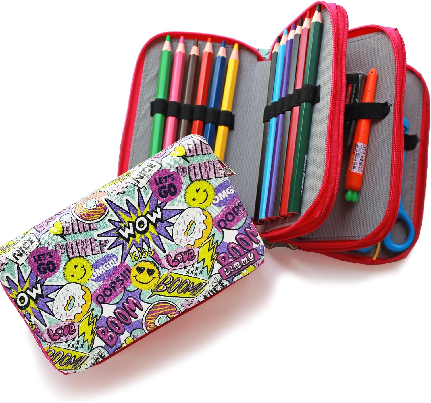 Kalem Kutusu Wow Oops Boom Smile Desenli Kawai Organizer Kalemkutu Vegan Deri Üç Bölmeli Kalemlik