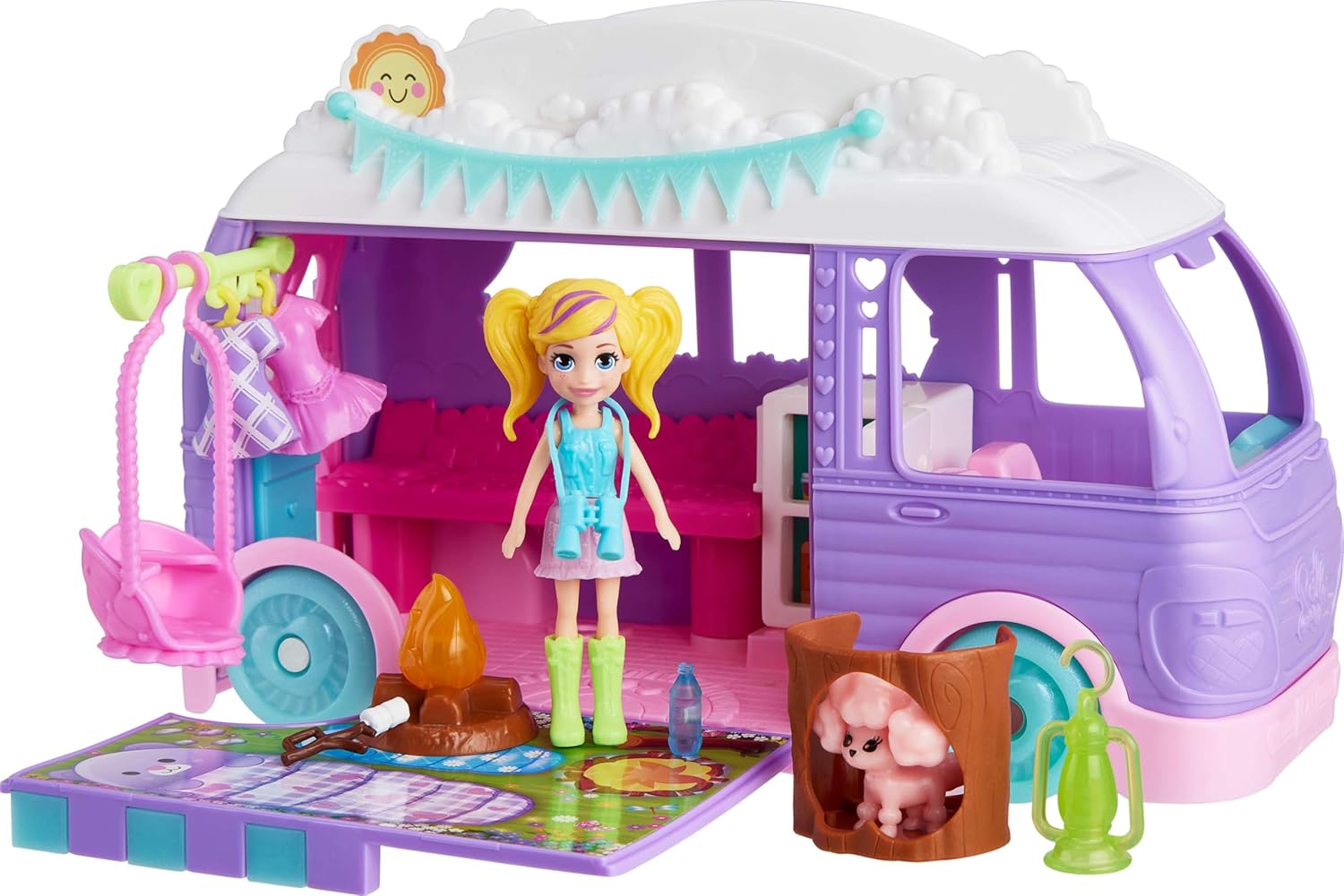 POLLY POCKET™ Muhteşem Karavan Polly Muhteşem Karavan, bebek ve evcil hayvan oyun seti, kamp ve yiyecek temalı aksesuarlar, seyahat oyuncağı JCC32