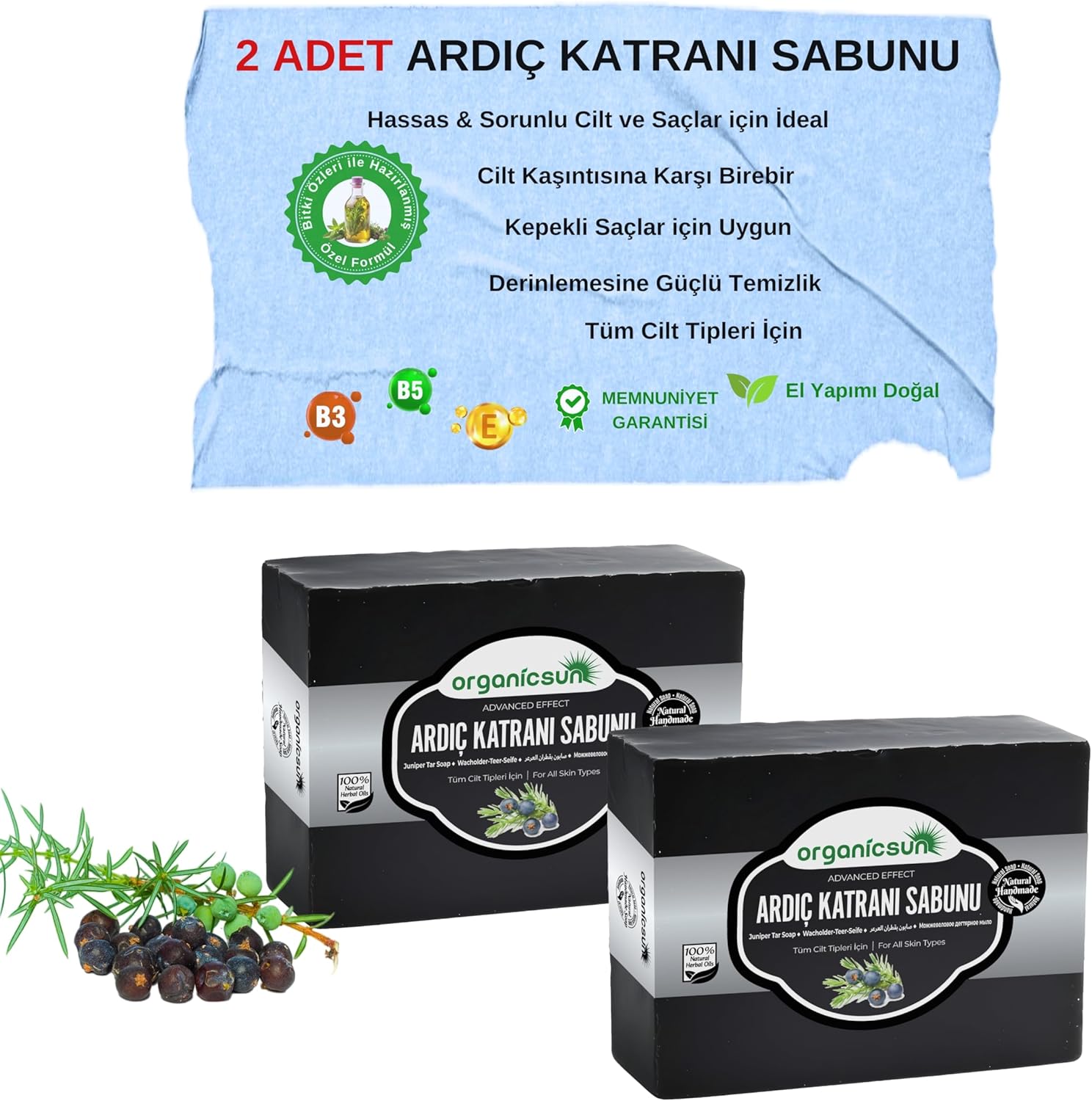 Doğal Ardıç Katranı Sabunu 140 Gr x 2 Adet Tüm Cilt Tipleri İçin Antiseptik ve Yenileyici Etkili