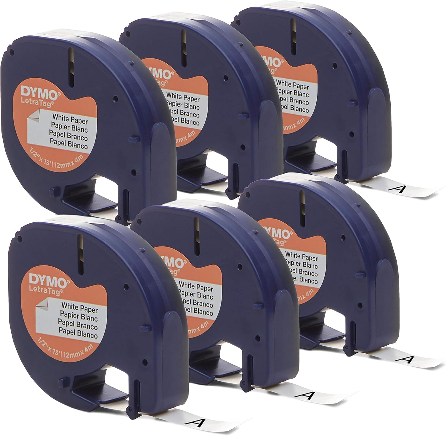 DYMO LetraTag Etiket Makineleri için Otantik Lt Kağıt Etiketleme Bandı, 1/2" (12 mm), Beyaz Bant Üzerine Siyah Baskı, 6'lı Paket