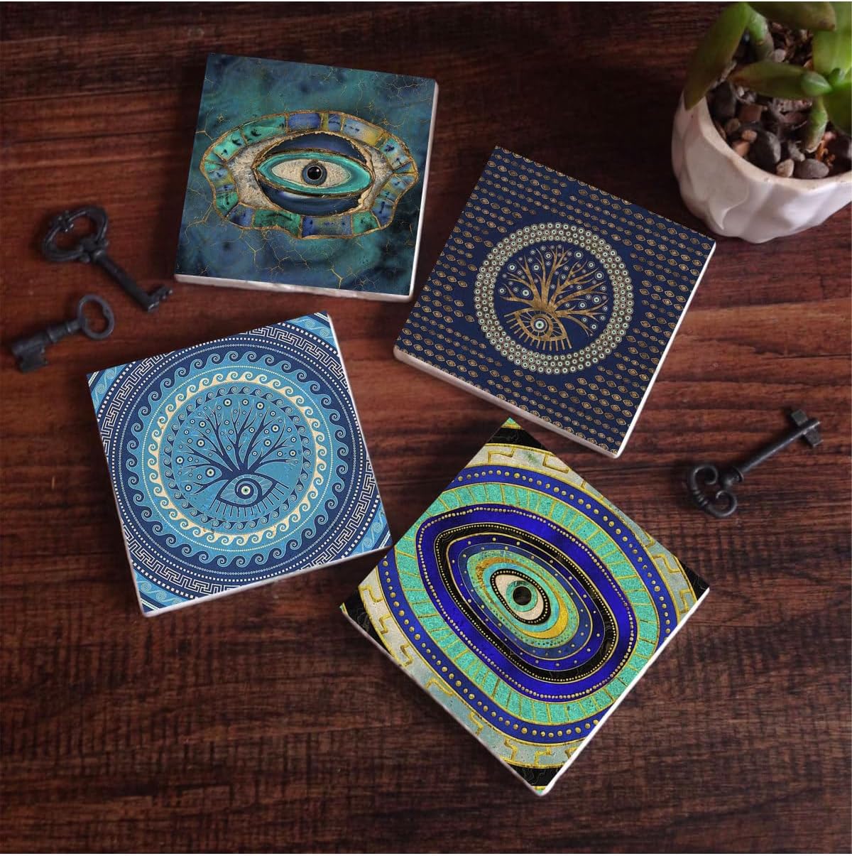 Nazar Taş Bardak Altlığı Seti - 4 Parça - Dekoratif, Rustik Mutfak Aksesuarı, 10x10 cm, Kaydırmaz Tabanlı, Şık ve Dayanıklı SC183