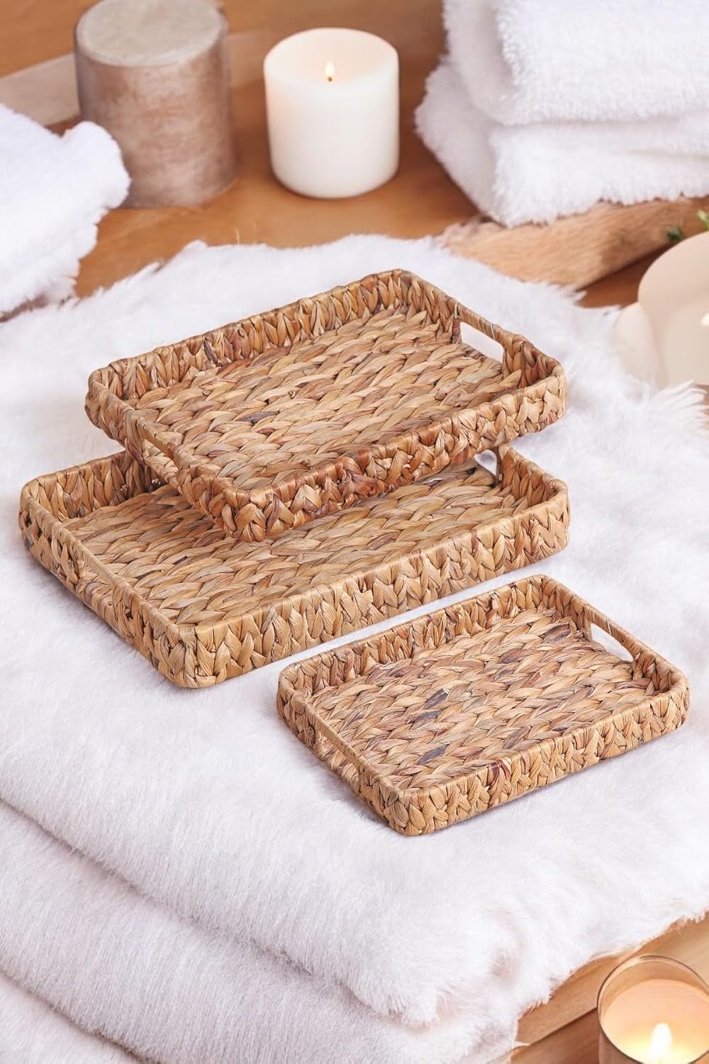 3'lü Rustik El Yapımı ve Doğal Dikdörtgen Hasır Tepsi Seti, 3'lü Hasır Dikdörtgen Tepsi Seti, 3 Boy Hasır Tepsi (41 * 33 * 6cm-37 * 29 * 5cm-33 * 24 * 5cm)