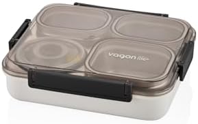 Bento 1200ml Lunchbox Tek Katlı 4 Bölmeli ve Kaseli Çelik Sefer Tası Yemek Kutusu (Siyah)