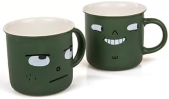 2'Li Kupa Set Minimalist Yüz Illüstrasyonlu Yeşil Porselen Kupa Seti – 350Ml, Modern & Şık Tasarım,Haki