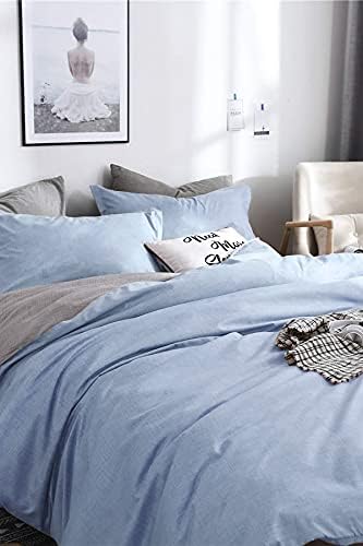 Çift Kişilik Çift Taraflı Nevresim Takımı -Düz Battal Çarşaflı - Açık Mavi/Gri