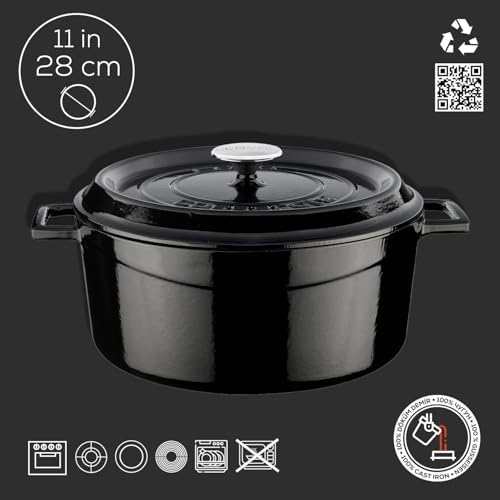 Döküm Yuvarlak Tencere, Trendy, 28 cm, 6.71 L Hacim, Siyah