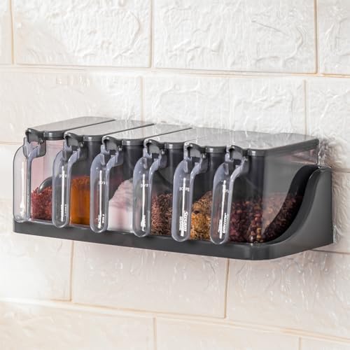 1182 6 lı Standlı Kendinden Yapışkanlı Kapaklı Kaşıklı Baharatlık Takımı - Baharatlık -