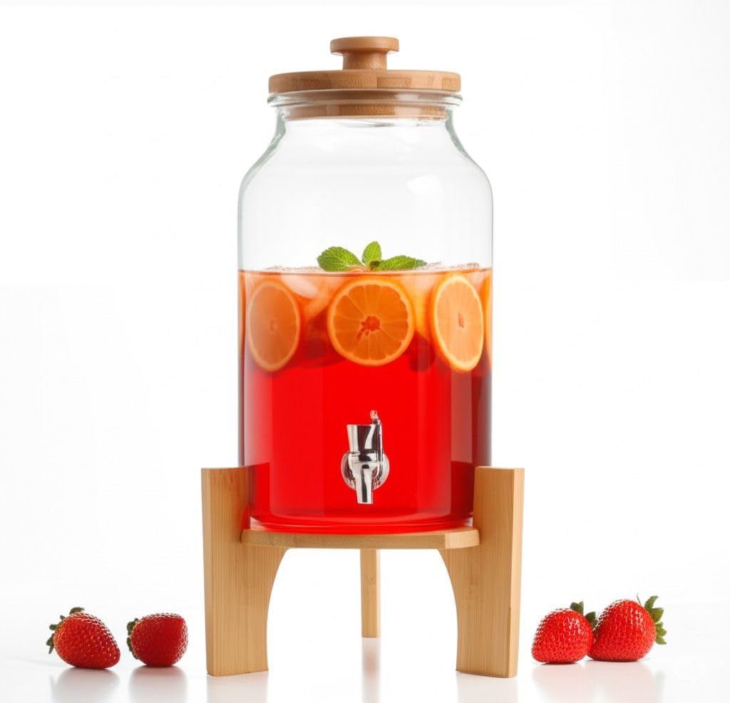 Kosova Premium Serisi Bambu Ayaklı Cam 4 Litre Kapasiteli Su ve Şerbet Sebili
