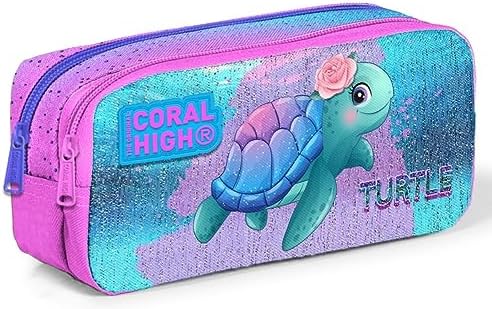 İki Bölmeli Kız Çocuk Pembe Yeşil Kaplumbağa Kalem Çantası Kalemlik