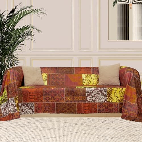 CONCEPT SoftMicro Koltuk Örtüsü | Çekyat Örtüsü | Koltuk Şalı | Etnik Desenli Patchwork Kaymaz | Kiremit 180x300 cm