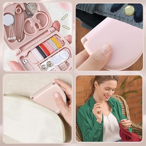 HSYTEK Mini dikiş seti, taşınabilir dikiş seti, seyahat, pembe iğne ve iplik seti, yeni başlayanlar, kendin yap ve evde kullanım için (6 x 7 cm)