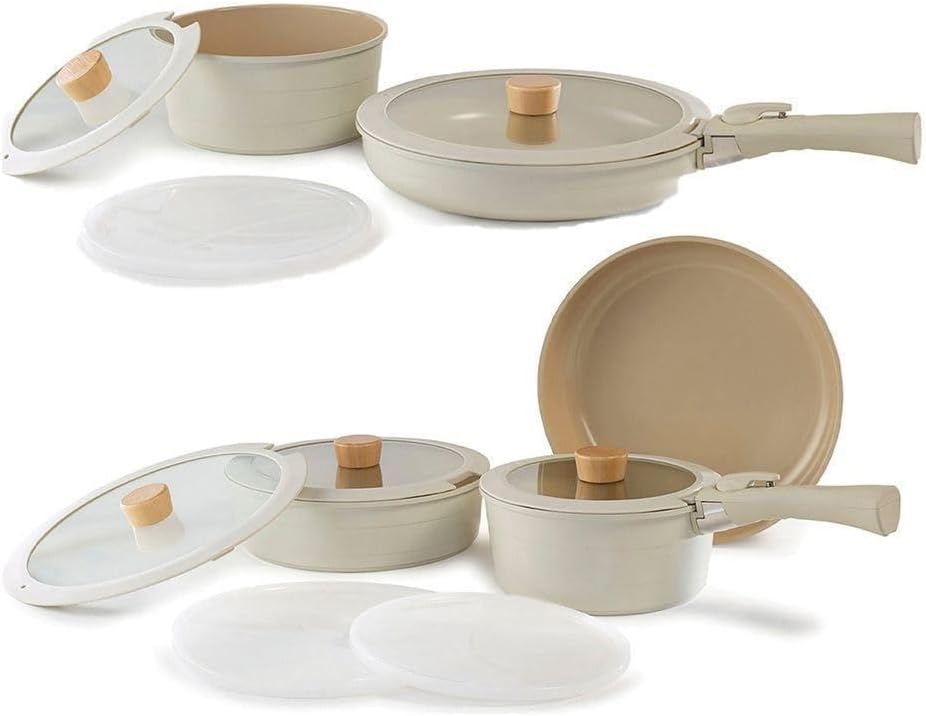 NEOFLAM Midas Bej 15 Parça Ayrılabilen Saplı İç İçe Geçebilen İndüksiyonlu Tencere Tava Seti