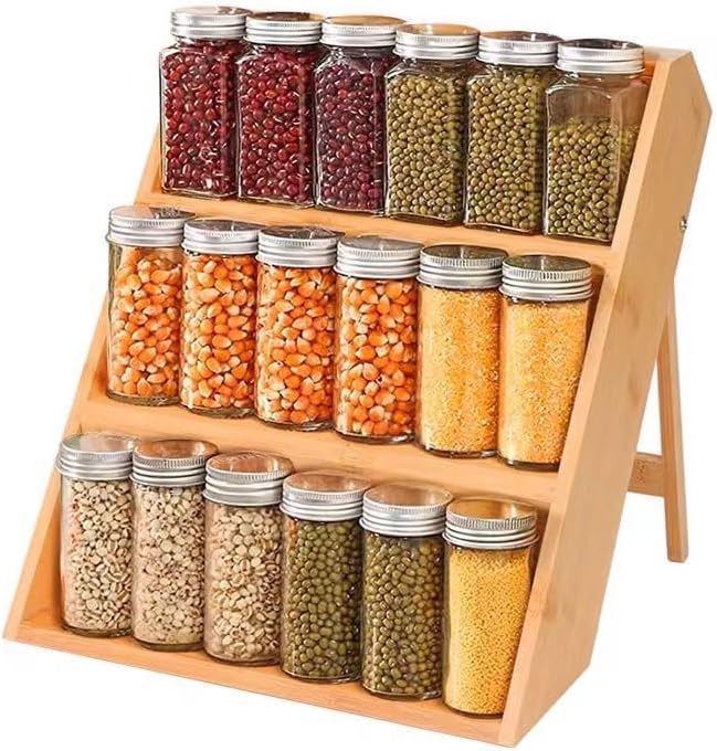 3 Katlı Doğal Bambu Ayaklı Baharatlık Rafı Organizer – Tezgah Üstü ve Çekmece İçi Kullanıma Uygun, Katlanabilir, Kaymaz Ayaklı, Kompakt ve Şık Tasarımlı Mutfak Düzenleyici