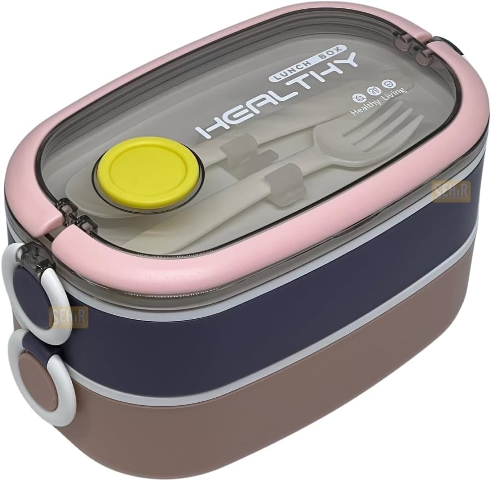 Bento 1300ml Lunchbox 2 Katlı 3 Bölmeli Paslanmaz Çelik Sefer Tası Yemek Kutusu (Pembe-Mor)