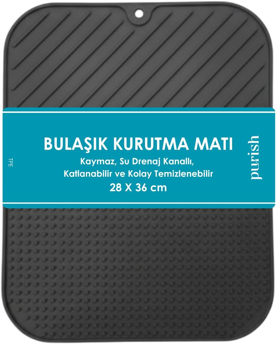 | Bulaşık Kurutma Matı –TPE – 28x36 cm, Kaymaz, Su Drenaj Kanallı, Katlanabilir ve Kolay Temizlenebilir – Mutfak Tezgâhı İçin Bardak & Tabak Kurutma Pedi (Gri)